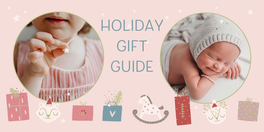 little girl with a baby bear necklace and a newborn baby with a pearl bracelet - holiday gift guide.