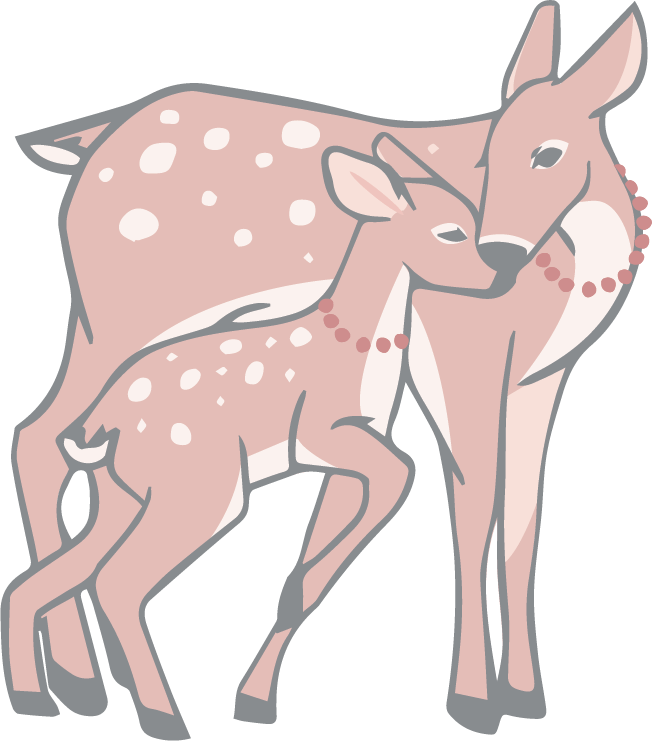 Mama and baby deer, snuggling and wearing pink pearl necklaces.