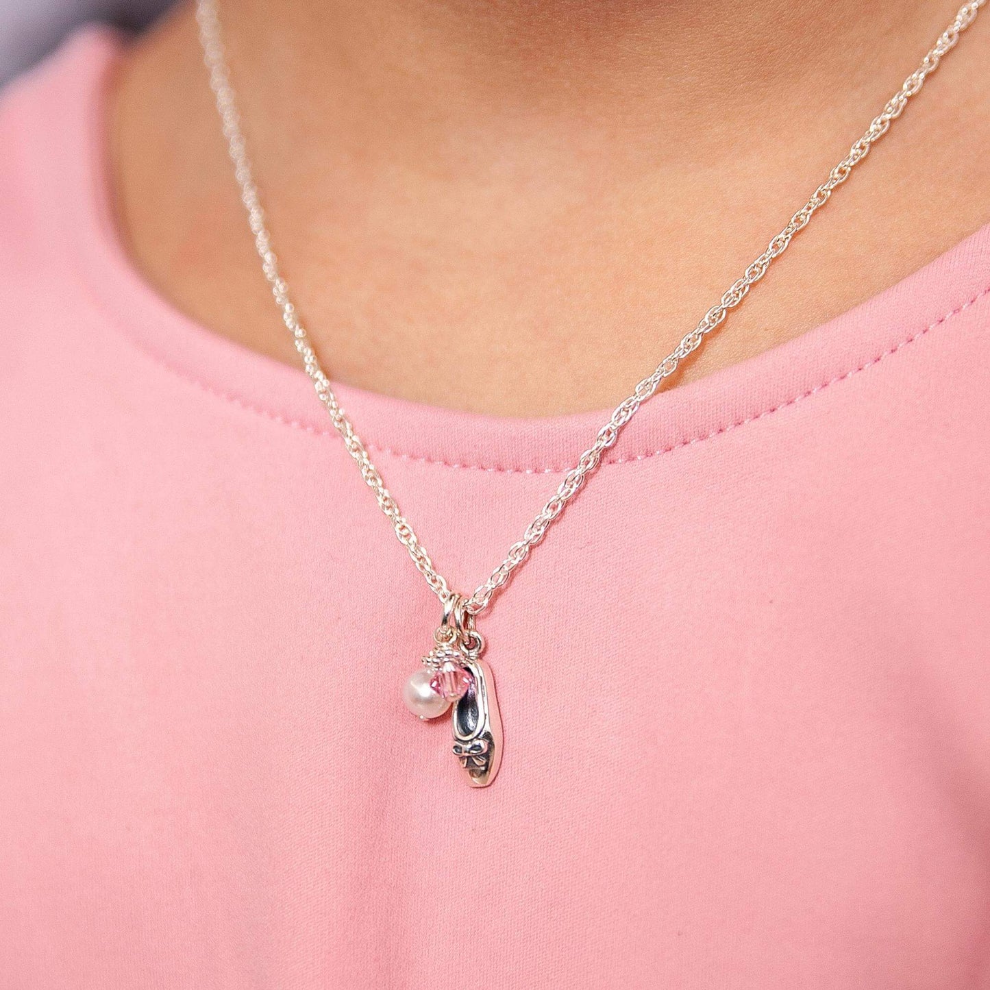 Ballet Slipper + Crystal Necklace in Silver