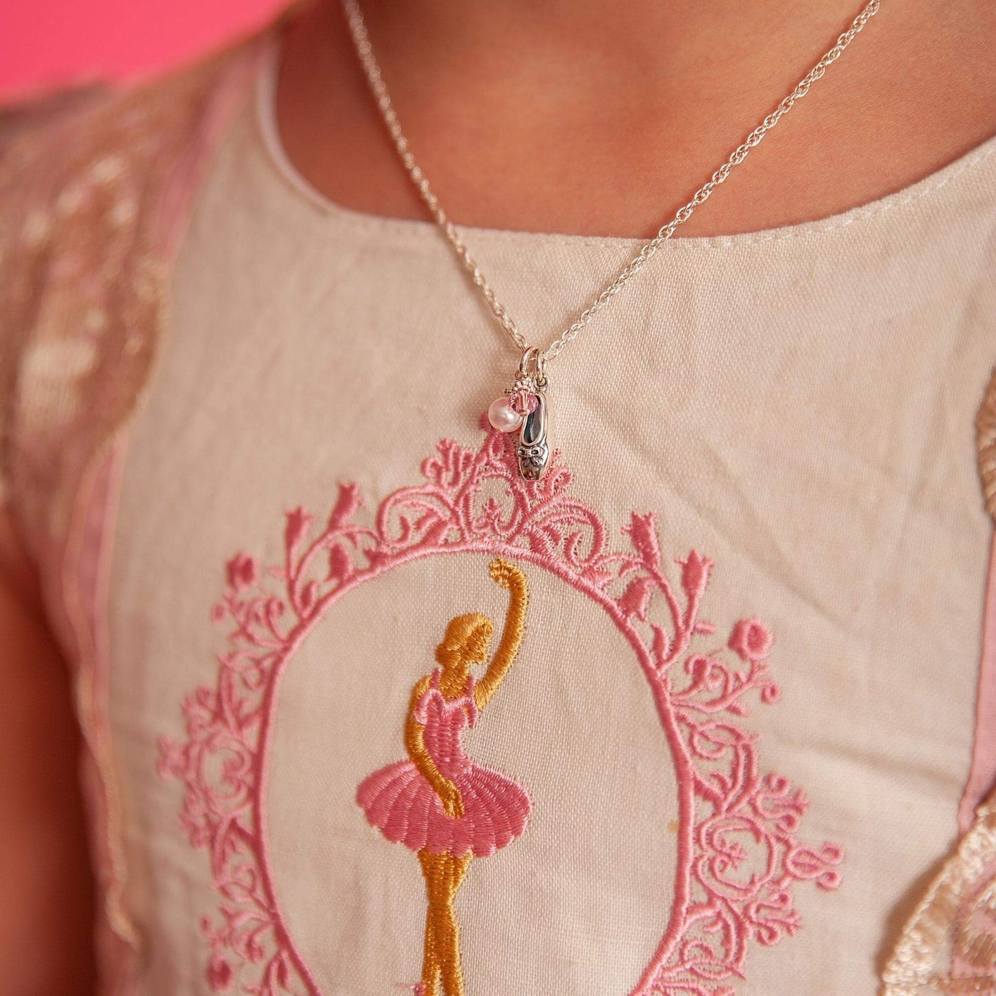 Ballet Slipper + Crystal Necklace in Silver