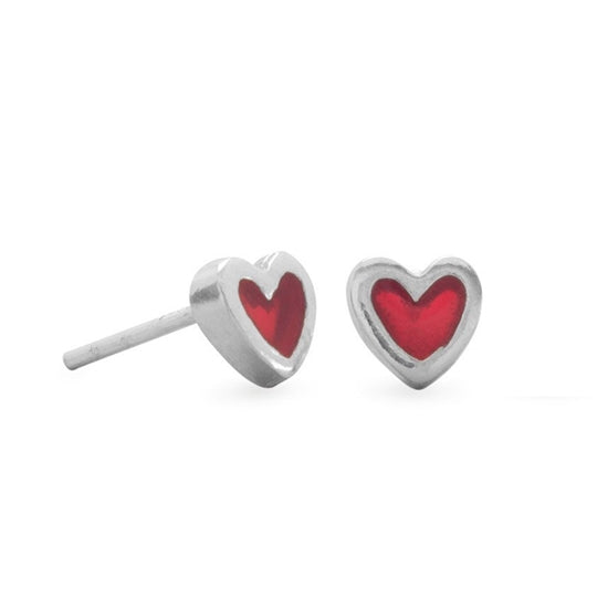 Red Enameled Heart Post Earrings - Little Girl's Pearls