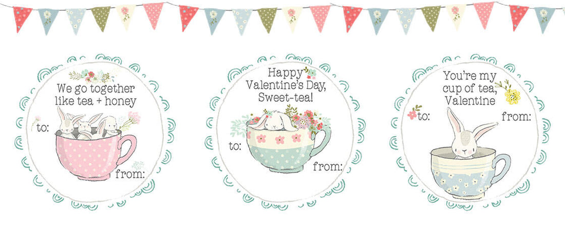 Bunnies + Tea Printable Valentines Day Cards for Kids