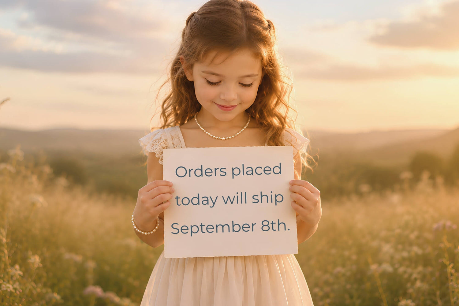 A young girl in a cream dress stands in a sunlit field holding a sign that reads, 'Orders placed today will ship September 8th.'.