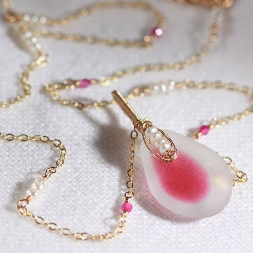 multi-colored pink sea glass necklace from Katie Carrin Sea Glass Jewelry.