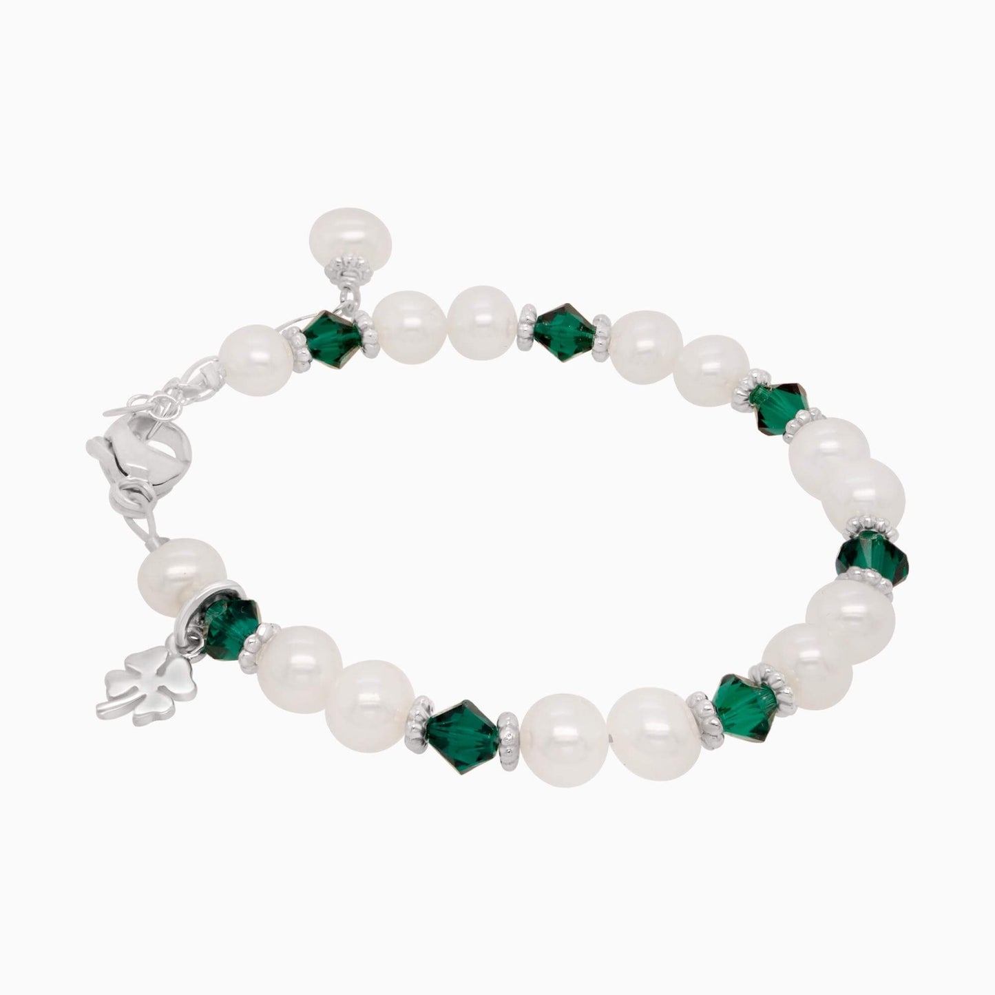 Darling Lucky Shamrock Pearl and Crystal Bracelet in Silver