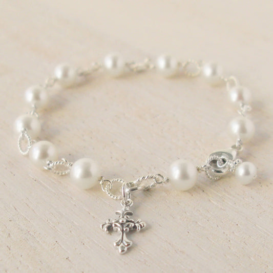 Beautiful First Holy Communion Pearl Rosary Bracelet