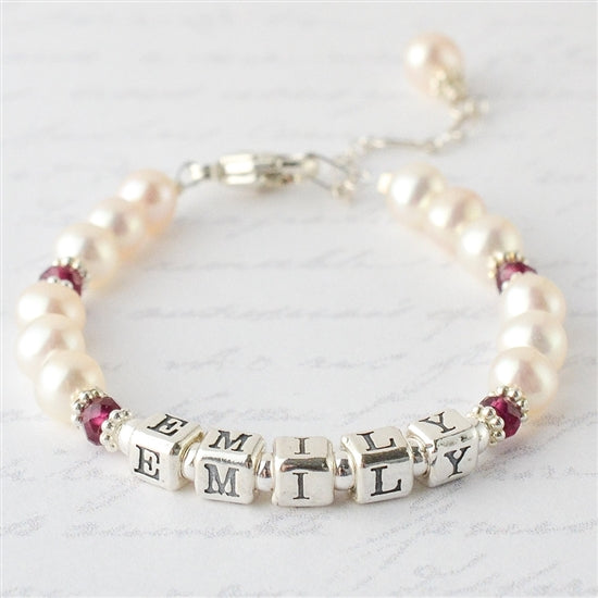 Adorable Pearl and Birthstone Name Bracelet - Little Girl's Pearls