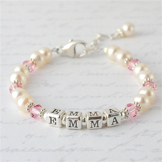 Darling Pearl and Crystal Name Bracelet - Little Girl's Pearls