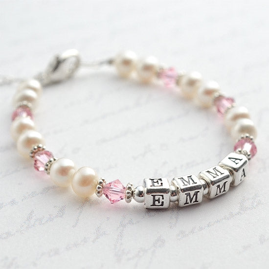 Darling Pearl and Crystal Name Bracelet - Little Girl's Pearls