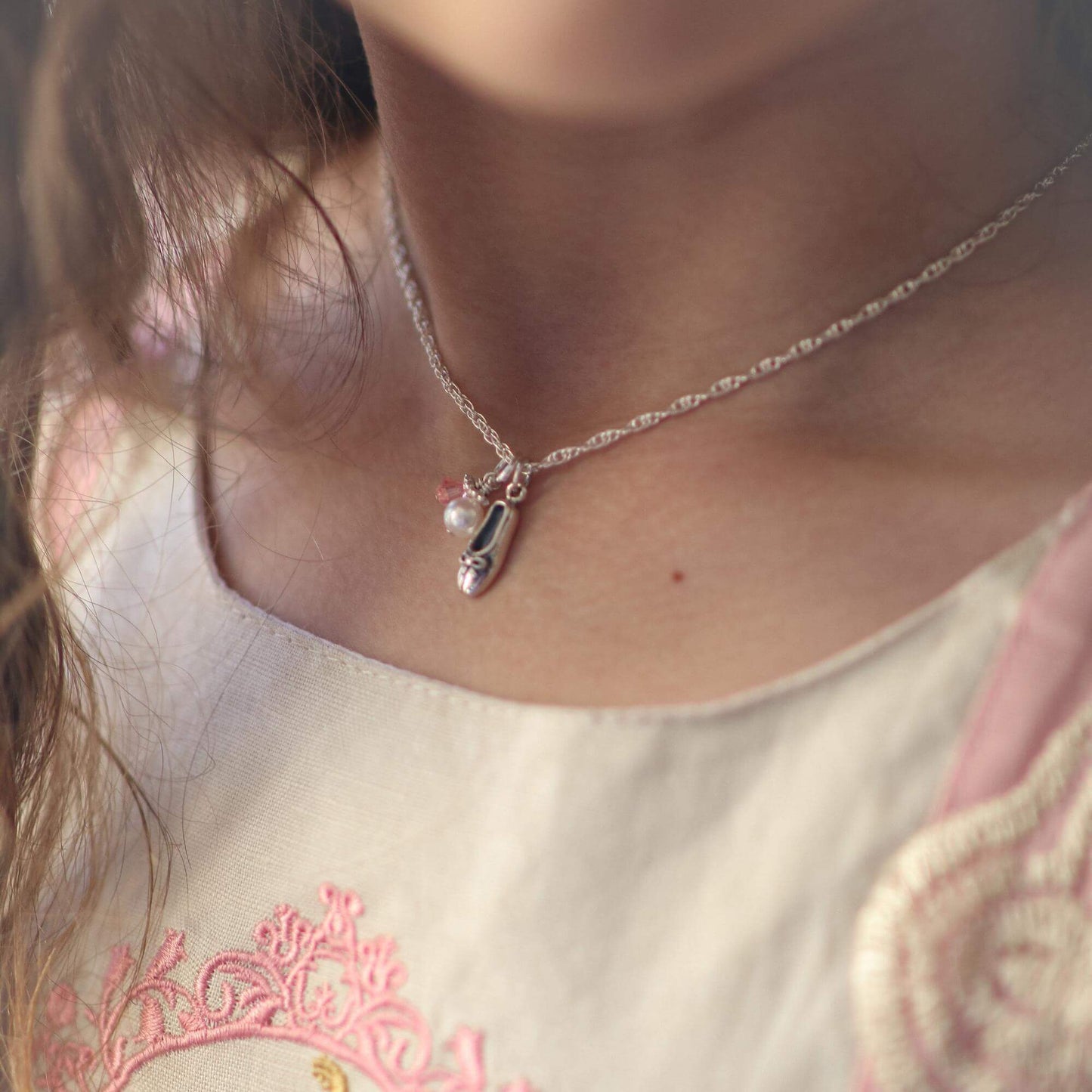 Ballet Slipper + Crystal Necklace in Silver