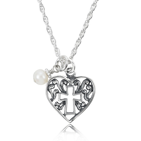 Delicate Heart Cross Keepsake Charm Necklace - Little Girl's Pearls