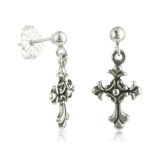 Delicate Silver Cross Dangle Post Earrings - Little Girl's Pearls