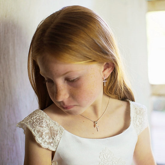 Traditional Dangle Post Cross Earrings - Little Girl's Pearls