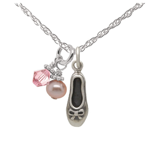 Ballet Slipper + Crystal Necklace in Silver