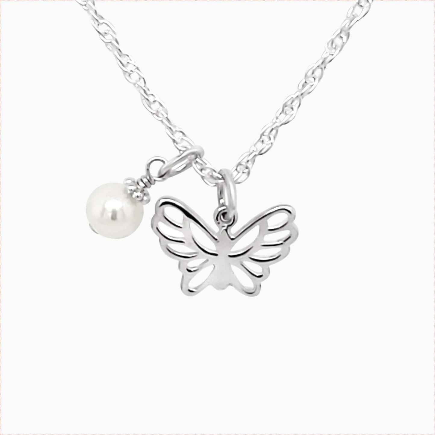 butterfly necklace in sterling silver with a pearl.