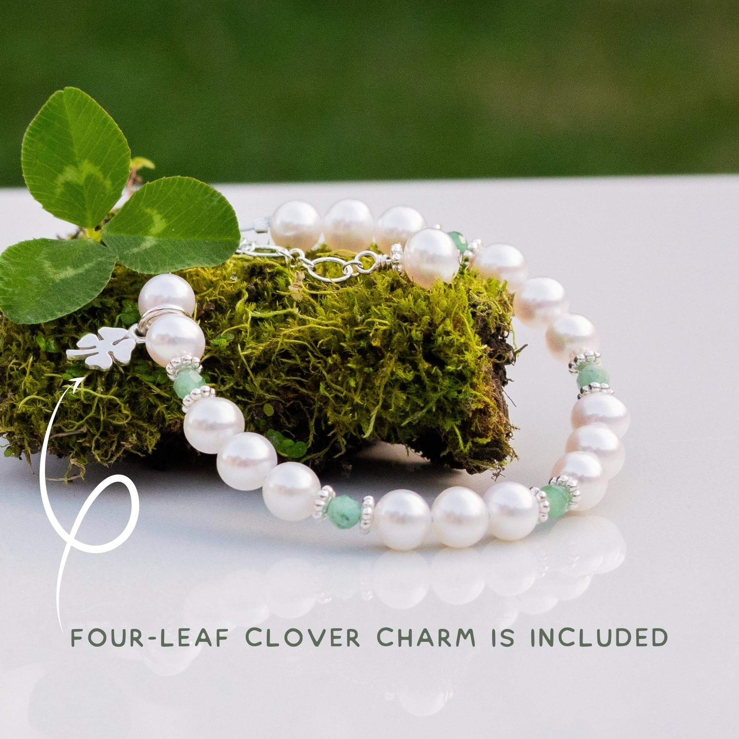 Adorable Lucky Shamrock Pearl and Birthstone Bracelet in Silver